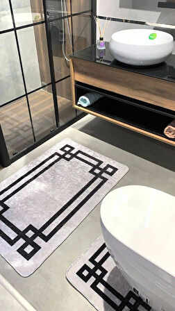 Lateks Taban S(70X110 - 70X50) Ikili Banyo Paspas Takımı Gri-siyah