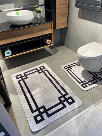 Lateks Taban S(70X110 - 70X50) Ikili Banyo Paspas Takımı Gri-siyah