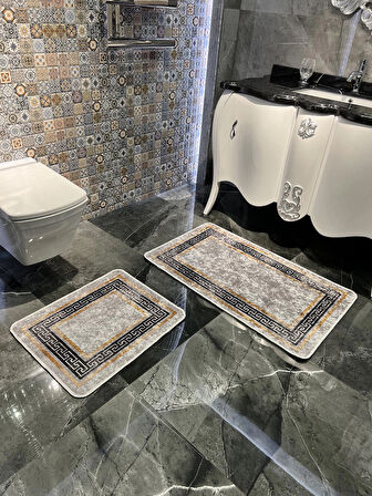 Bordürlü Desenli 2'li Kaymaz Taban Banyo Paspas Takımı (60X100 - 60X50) Gri