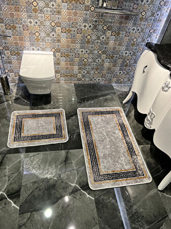 Bordürlü Desenli 2'li Kaymaz Taban Banyo Paspas Takımı (60X100 - 60X50) Gri