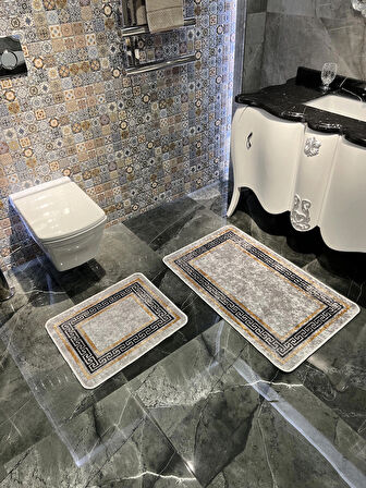 Bordürlü Desenli 2'li Kaymaz Taban Banyo Paspas Takımı (60X100 - 60X50) Gri