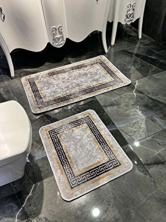 Bordürlü Desenli 2'li Kaymaz Taban Banyo Paspas Takımı (60X100 - 60X50) Gri