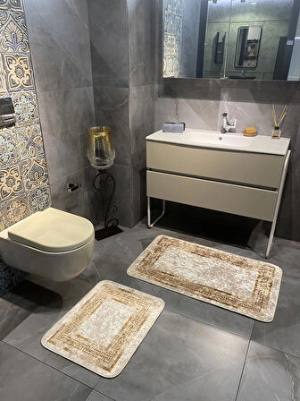 Bordürlü Desenli 2'li Kaymaz Taban Banyo Paspas Takımı (60X100 - 60X50) Bej-altın