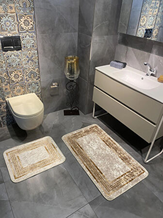 Bordürlü Desenli 2'li Kaymaz Taban Banyo Paspas Takımı (60X100 - 60X50) Bej-altın