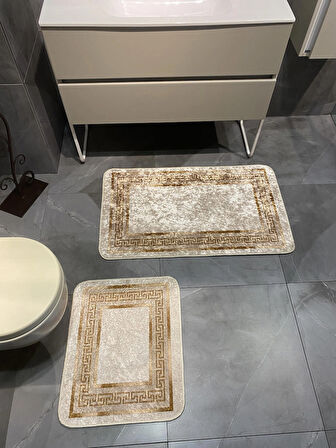 Bordürlü Desenli 2'li Kaymaz Taban Banyo Paspas Takımı (60X100 - 60X50) Bej-altın