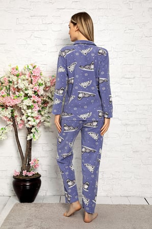 Bayan Kışlık Welsoft Peluş İnci Polar Düğmeli Pijama Takımı 'İpeksi Doku'