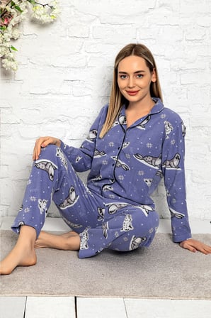 Bayan Kışlık Welsoft Peluş İnci Polar Düğmeli Pijama Takımı 'İpeksi Doku'