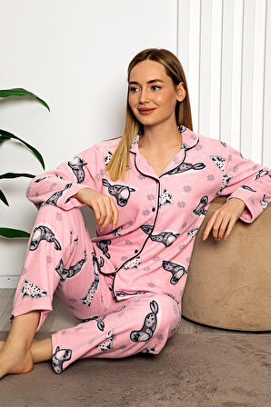Bayan Kışlık Welsoft Peluş İnci Polar Düğmeli Pijama Takımı 'İpeksi Doku'