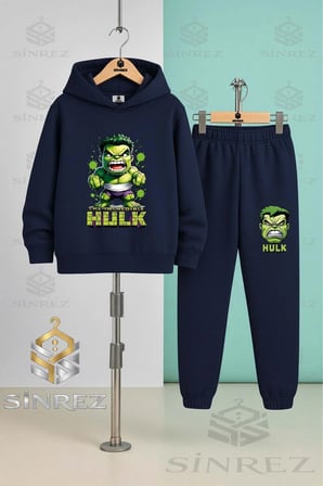 Çocuk Unısex HULK KIZGIN ALT YAZI DUVAR DESEN 3'Lü Kapşonlu Eşofman Takımı