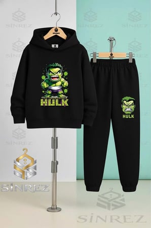 Çocuk Unısex HULK KIZGIN ALT YAZI DUVAR DESEN 3'Lü Kapşonlu Eşofman Takımı