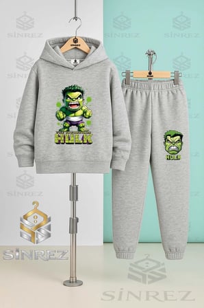 Çocuk Unısex HULK KIZGIN ALT YAZI DUVAR DESEN 3'Lü Kapşonlu Eşofman Takımı