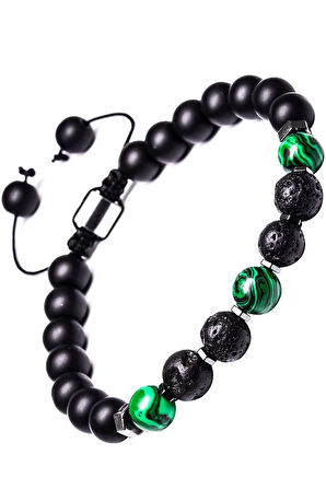 Sertifikalı Makrome Doğal Oniks Malahit Lav Taşı Bileklik