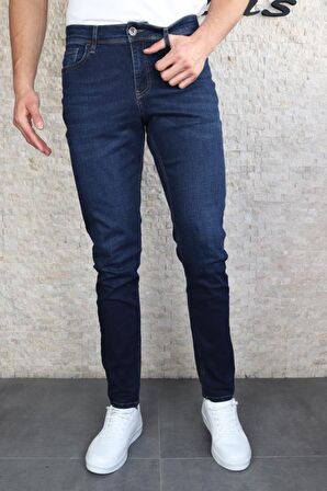 Hlt Erkek Koyu Mavi Slim Fit Dar Kesim Esnek Likralı Denim Jeans Kot Pantolon HLTHE001965