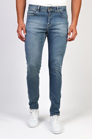 Erkek Orta Mavi Taşlamalı Slim Fit Kot Pantolon