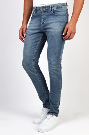 Erkek Orta Mavi Taşlamalı Slim Fit Kot Pantolon