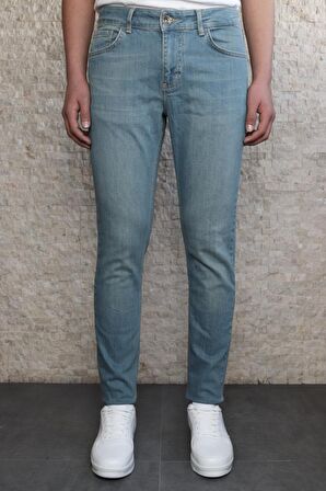 Erkek Mavi Slim Fit Taşlamalı Kot Pantolon HLTHE001945