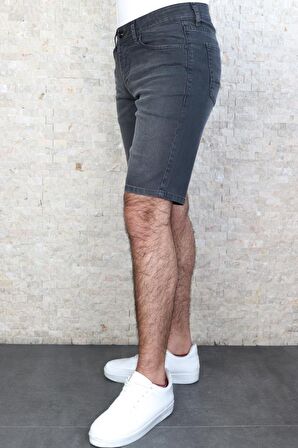 Erkek Taşlamalı Rahat Kesim Likralı Esnek Antrasit Jean Kot Şort