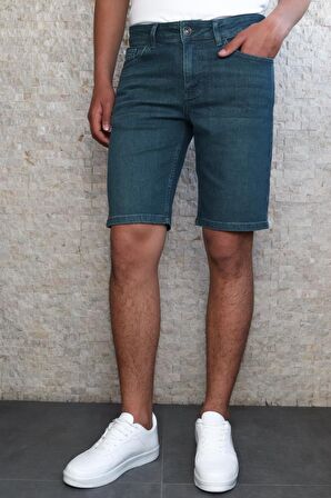 Erkek Taşlamalı Rahat Kesim Dark Green Jean Şort