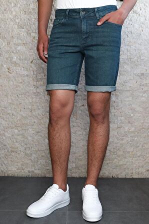 Erkek Taşlamalı Rahat Kesim Dark Green Jean Şort