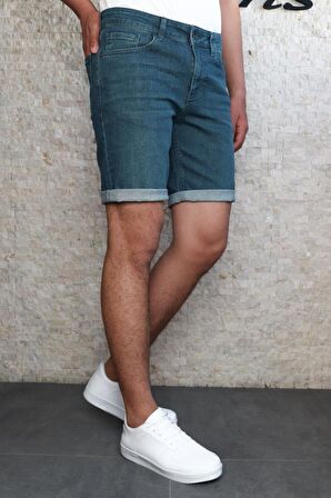 Erkek Taşlamalı Rahat Kesim Dark Green Jean Şort