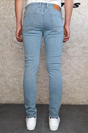  Erkek Taşlamalı Slim Fit Likralı Açık Mavi Kot Jean Pantolon HLTHE001956-A