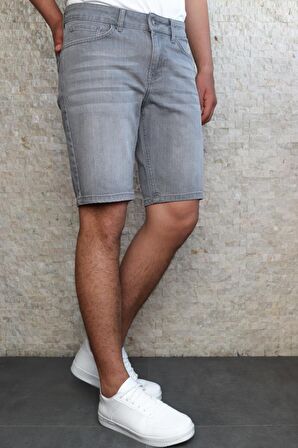 Erkek Taşlamalı Rahat Kesim Esnek Likralı Gri Kot Jean Şort HLT1961