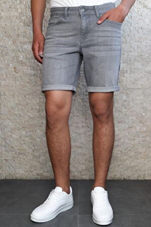 Erkek Taşlamalı Rahat Kesim Esnek Likralı Gri Kot Jean Şort HLT1961