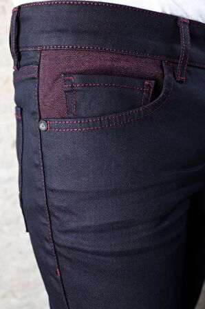 Erkek Bordo Cep Detaylı Slim Fit Taşlamalı Kot Pantolon  HLTVALBOO