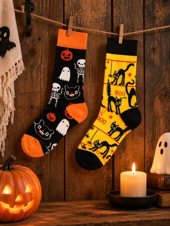2'li Halloween Çorap Seti Cadılar Bayramı Hayalet İskelet ve Kara Kedi Desenli Pamuklu Çorap