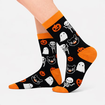 2'li Halloween Çorap Seti Cadılar Bayramı Hayalet İskelet ve Kara Kedi Desenli Pamuklu Çorap
