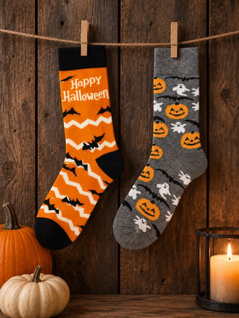 2'li Halloween Çorap Seti Cadılar Bayramı Happy Halloween Yazılı Balkabağı Desenli Pamuklu Çorap