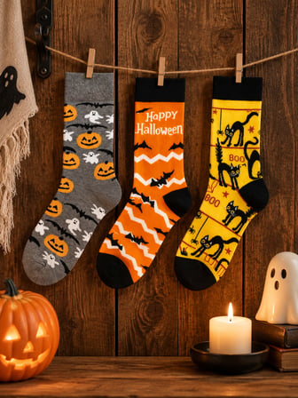 3'lü Halloween Çorap Seti Cadılar Bayramı Kara Kedi Yarasa Balkabağı Desenli Pamuklu Çorap