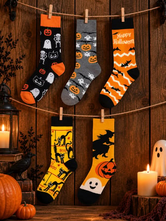 5'li Halloween Çorap Seti Cadılar Bayramı Hediye Cadı Kedi Hayalet Balkabağı Desenli Çorap