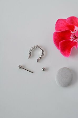 Taşlı Kelebekli Helix Piercing Taşlı Conch Piercingi Halka Model Gümüş Renk