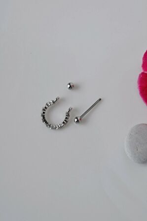 Gümüş Renkli Taşlı İnce Helix Piercing Halka Taşlı Conch Piercingi
