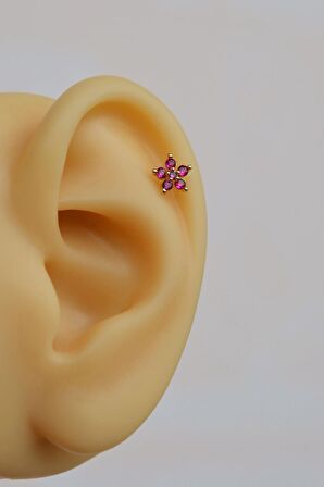 Fuşya Pembesi Çiçekli Tragus Piercingi Helix Kıkırdak Lobe Conch