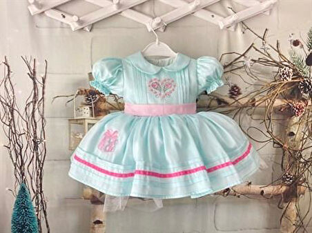 Kalp Desenli Mavi Kız Bebek Elbisesi, Özel Dikim Kız Çocuk Elbisesi, Doğum günü elbisesi, fotoğraf çekim elbisesi, Kız Bebek Hediyesi, 0-12 Yaşa Uygun