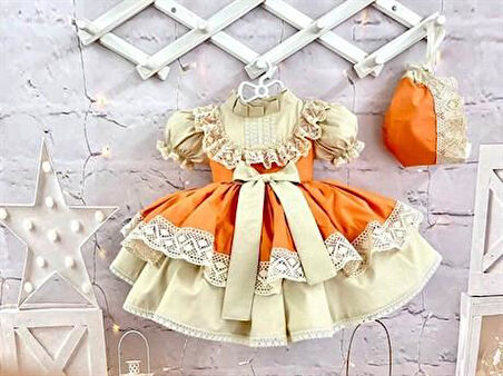 Turuncu Fiyonklu Kız Bebek Elbisesi, Özel Dikim,Doğum günü, fotoğraf çekimi,0-12 Yaşa Uygun