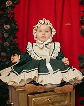 Yeşil Latte Vintage Kız Bebek Elbisesi, Özel Dikim Kız Çocuk Elbisesi, Doğum günü elbisesi, fotoğraf çekim elbisesi, Kız Bebek Hediyesi, 0-12 Yaşa Uygun