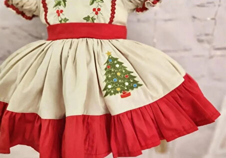 Bej Kırmızı Fırfırlı Vintage Kız Bebek Elbisesi, Özel Dikim Kız Çocuk Elbisesi, Doğum günü elbisesi, fotoğraf çekim elbisesi, Kız Bebek Hediyesi, 0-12 Yaşa Uygun