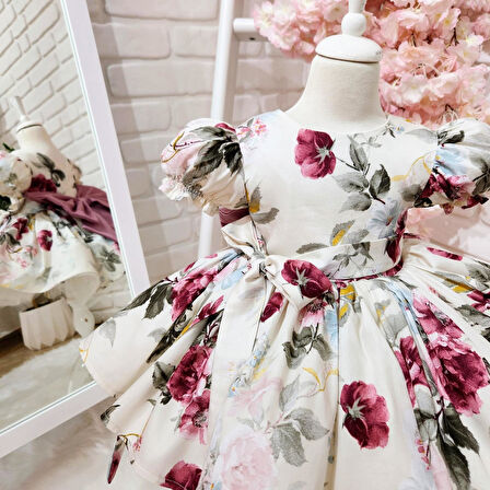 Krem Bordo Güllü Vintage Elbise,Doğum günü elbise,fotoğraf çekim elbise,0-12 Yaş Uygun