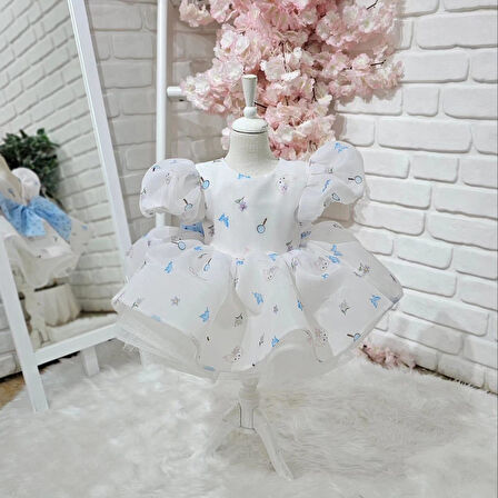 Mavi Kedili Vintage Elbise,Doğum günü elbise,fotoğraf çekim elbise,0-12 Yaş Uygun