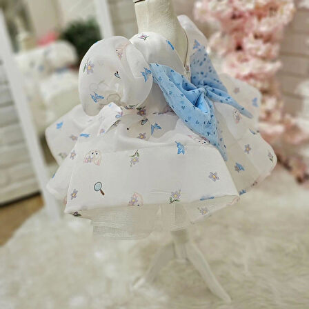 Mavi Kedili Vintage Elbise,Doğum günü elbise,fotoğraf çekim elbise,0-12 Yaş Uygun