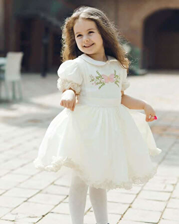 Krem Saten Nakışlı Kız Bebek Elbisesi,Özel Dikim Çocuk Elbisesi, Doğum günü elbisesi, 0-12 Yaş