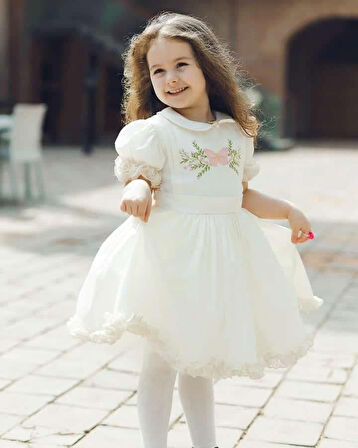 Krem Saten Nakışlı Kız Bebek Elbisesi,Özel Dikim Çocuk Elbisesi, Doğum günü elbisesi, 0-12 Yaş