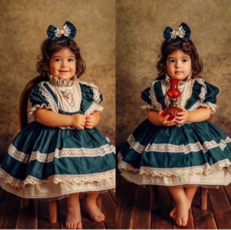 Yeşil Krem Vintage Kız Bebek Elbisesi, Özel Dikim Kız Çocuk Elbisesi, Doğum günü elbisesi, fotoğraf