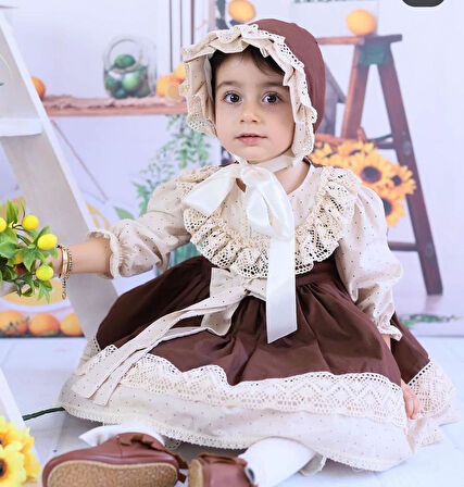 Kahverengi Kız Bebek Elbisesi, Doğum günü elbisesi, fotoğraf çekim elbisesi,0-12 Yaşa Uygun