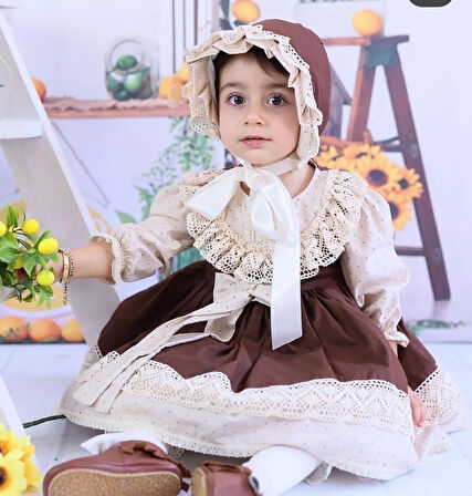 Kahverengi Kız Bebek Elbisesi, Doğum günü elbisesi, fotoğraf çekim elbisesi,0-12 Yaşa Uygun