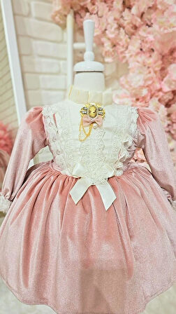 Kadife Pudra Pembe Kız Bebek Elbisesi,Doğum günü elbisesi,0-12 Yaşa Uygun