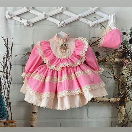 Pembe Vintage Kız Bebek Elbisesi, fotoğraf çekim elbisesi, Kız Bebek Hediyesi, 0-12 Yaşa Uygun